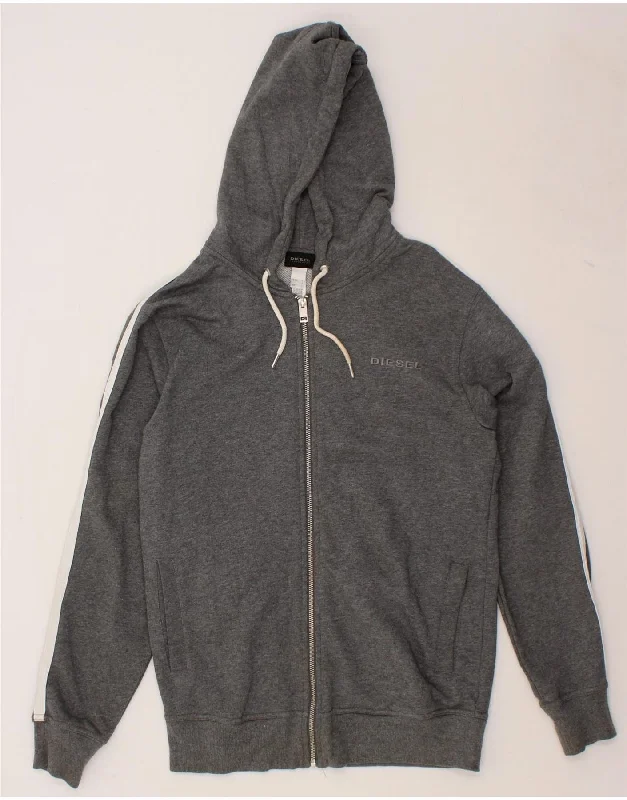 DIESEL Mens Zip Hoodie Sweater Small Grey Cotton Velvet Chenille Corduroy