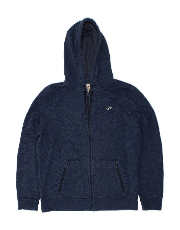 HOLLISTER Mens Zip Hoodie Sweater Large Navy Blue Flecked Cotton Thin Thick Dense