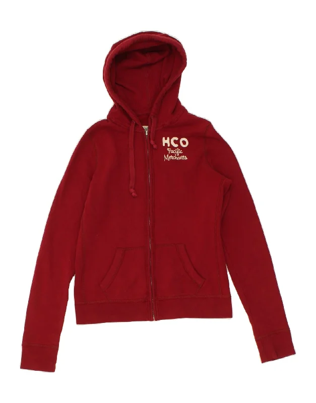 HOLLISTER Womens Graphic Zip Hoodie Sweater UK 14 Large Maroon Cotton Iron Safe Non-Iron Wrinkle Free