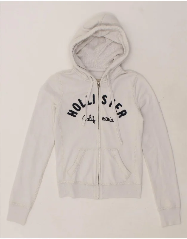 HOLLISTER Womens Graphic Zip Hoodie Sweater UK 6 XS White Cotton Cotton Fabric Linen Fabric Terry Fabric