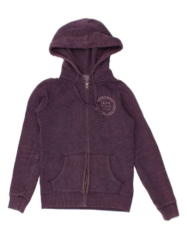 JACK WILLS Womens Graphic Zip Hoodie Sweater UK 6 XS Purple Flecked Cotton Boxy Sweater Fitted Sweater A-Line