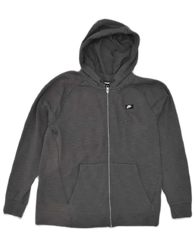 NIKE Mens Zip Hoodie Sweater Large Grey Cotton Print Jacquard Patchwork