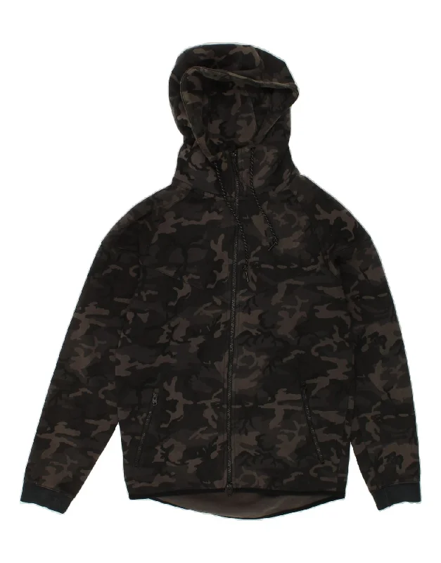 NIKE Mens Zip Hoodie Sweater Small Grey Camouflage Cotton Hooded Caped Shawl Collar