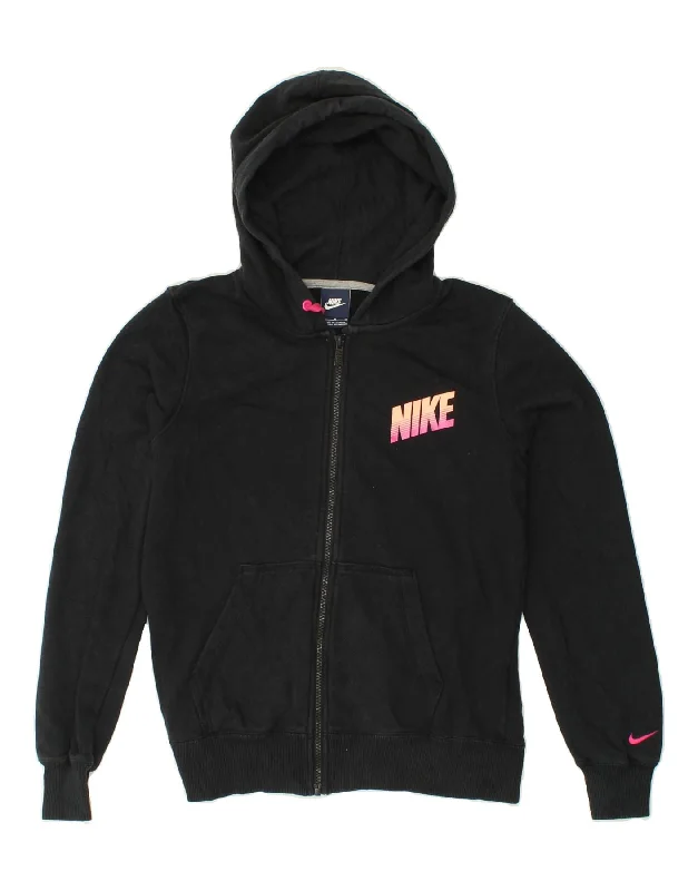 NIKE Womens Graphic Zip Hoodie Sweater UK 12 Medium Black Cotton Slim Fit Regular Fit Oversized