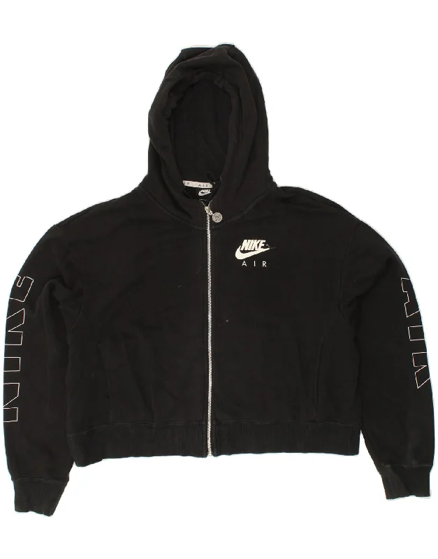 NIKE Womens Oversized Graphic Zip Hoodie Sweater UK 14 Medium Black Cotton Solid Color Striped Floral Print