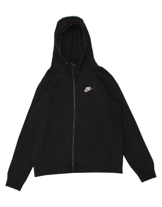 NIKE Womens Zip Hoodie Sweater UK 14 Medium Black Cotton Silk Blend Satin Velvet