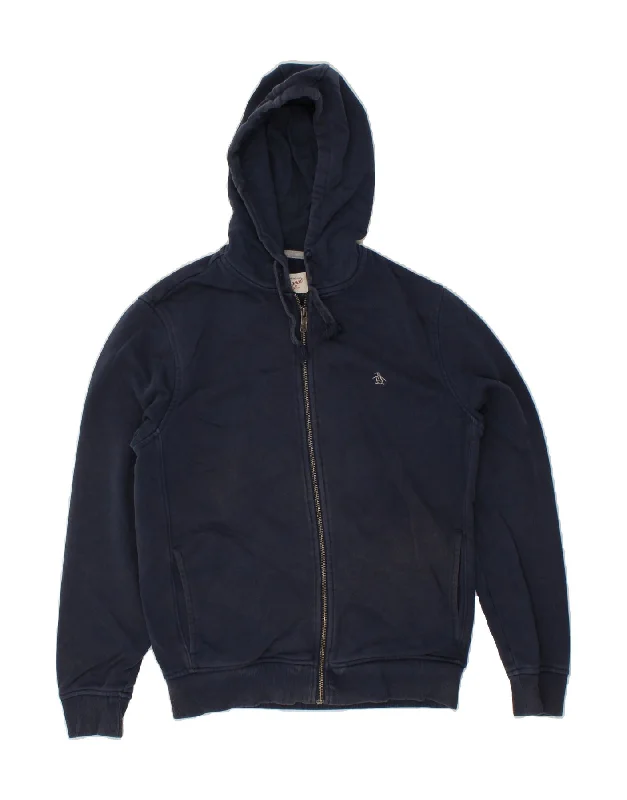 PENGUIN Mens Zip Hoodie Sweater Small Navy Blue Cotton Fleece Sweater Nylon Polyester