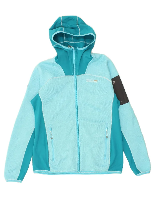 REGATTA Womens Zip Hoodie Sweater UK 14 Large Turquoise Colourblock Handmade Hand-knitted Hand-woven