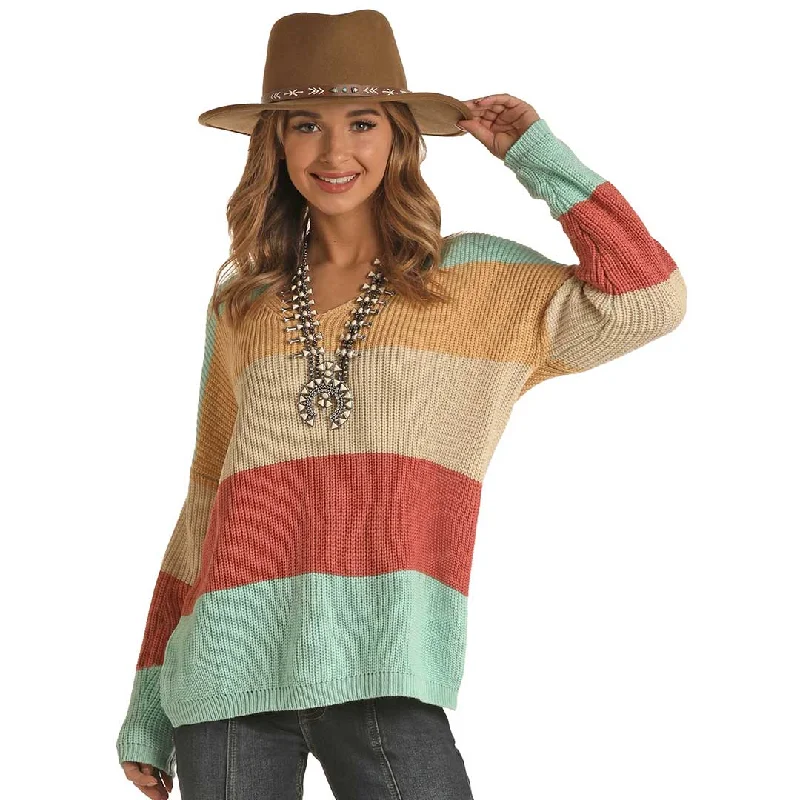 Rock & Roll Cowgirl Women's Color Blocked Sweater Seamless Knitted Crochet