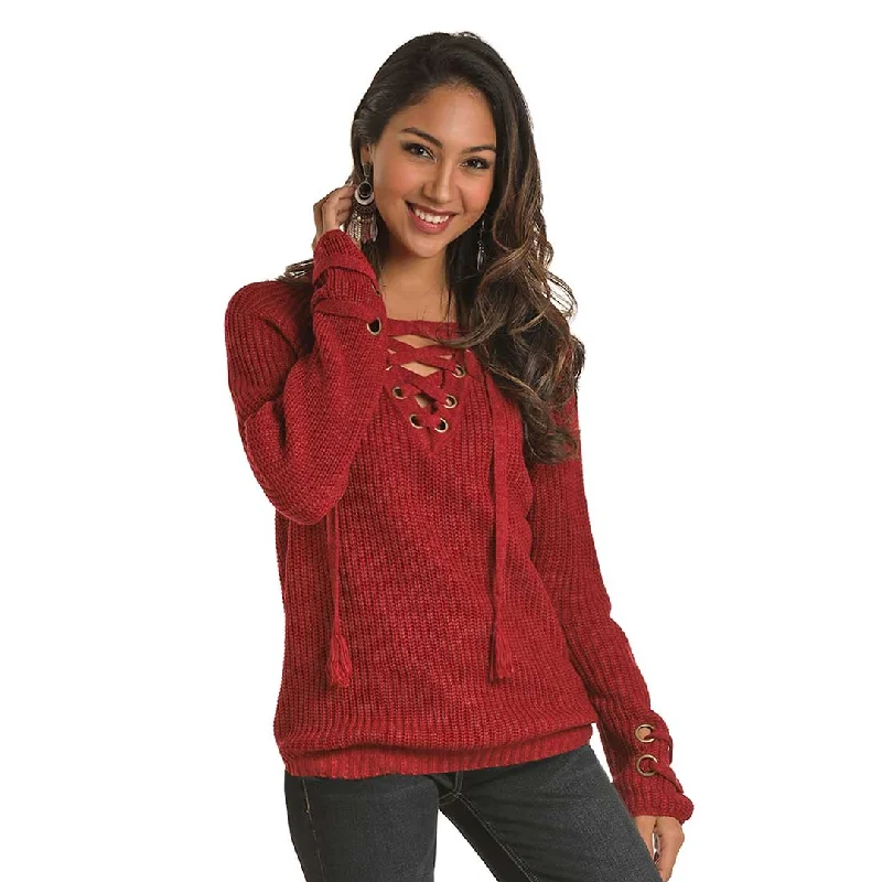 Rock & Roll Cowgirl Women's Lace Up Sweater Iron Safe Non-Iron Wrinkle Free