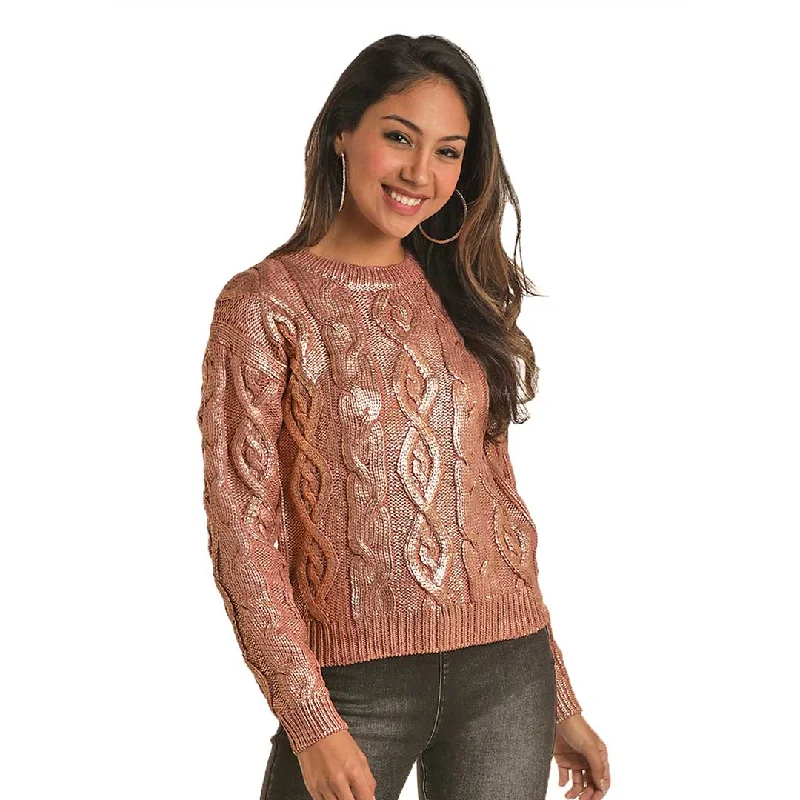 Rock & Roll Cowgirl Women's Metallic Cable Knit Sweater Transparent Opaque Sheer