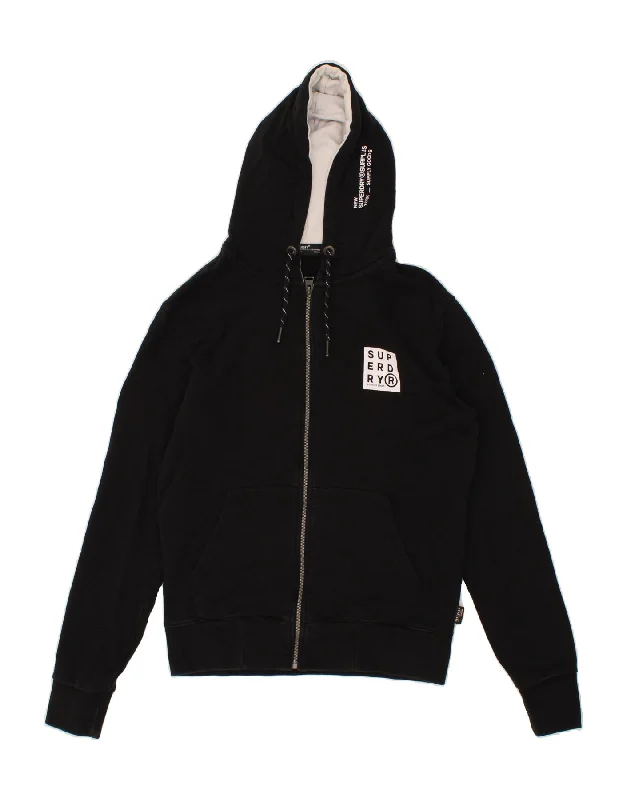 SUPERDRY Mens Graphic Zip Hoodie Sweater Medium Black Cotton Open Front Closed Front Wrap Front