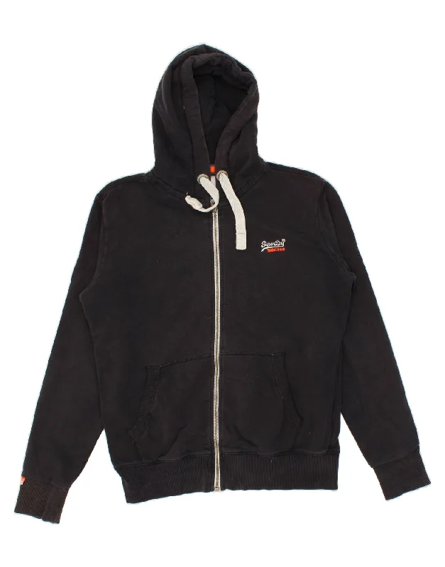 SUPERDRY Mens Zip Hoodie Sweater Large Black Cotton Zippered Buttoned Snapped