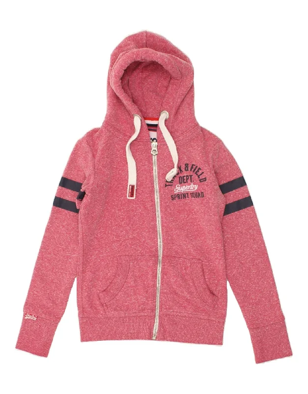 SUPERDRY Womens Graphic Zip Hoodie Sweater UK 2 2XS Pink Flecked Polyester Seamless Knitted Crochet
