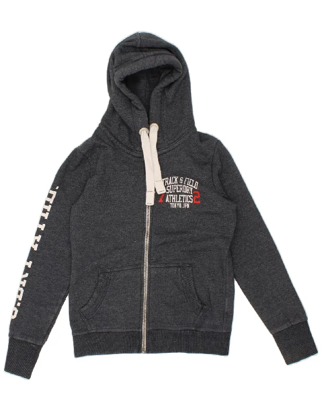 SUPERDRY Womens Track & Field Graphic Zip Hoodie Sweater UK 14 Medium Grey Denim Fabric Leather Fabric Suede Fabric SUPERDRY Womens Track & Field Graphic Zip Hoodie Sweater UK 14 Medium Grey Denim Fabric Leather Fabric Suede Fabric