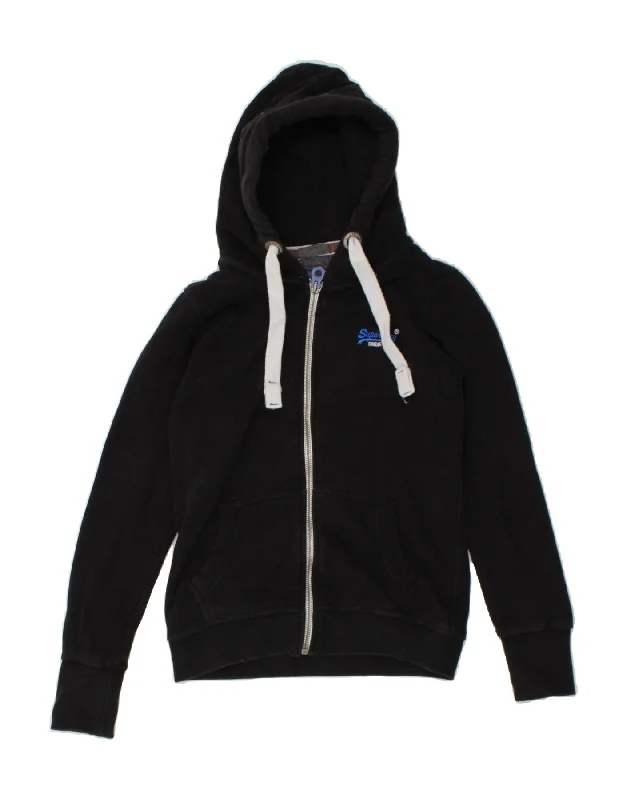 SUPERDRY Womens Zip Hoodie Sweater UK 10 Small Black Cotton Print Jacquard Patchwork SUPERDRY Womens Zip Hoodie Sweater UK 10 Small Black Cotton Print Jacquard Patchwork