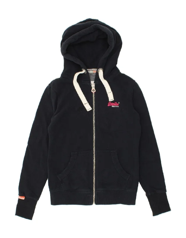 SUPERDRY Womens Zip Hoodie Sweater UK 10 Small Navy Blue Cotton Zippered Front Buttoned Front Snap Front SUPERDRY Womens Zip Hoodie Sweater UK 10 Small Navy Blue Cotton Zippered Front Buttoned Front Snap Front
