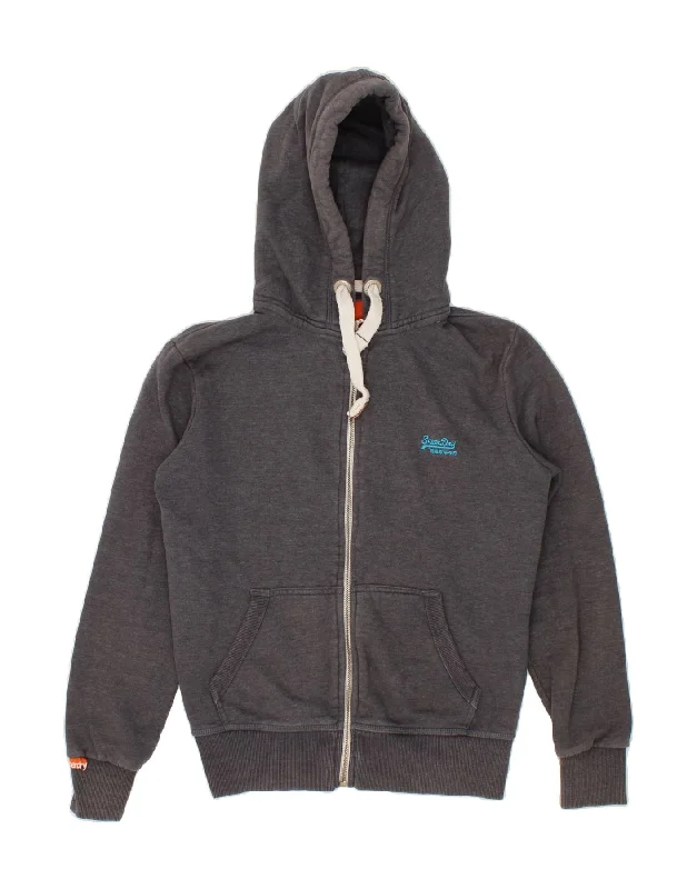 SUPERDRY Womens Zip Hoodie Sweater UK 14 Medium Grey Cotton Cable Knit Ribbed Knit Lace Knit