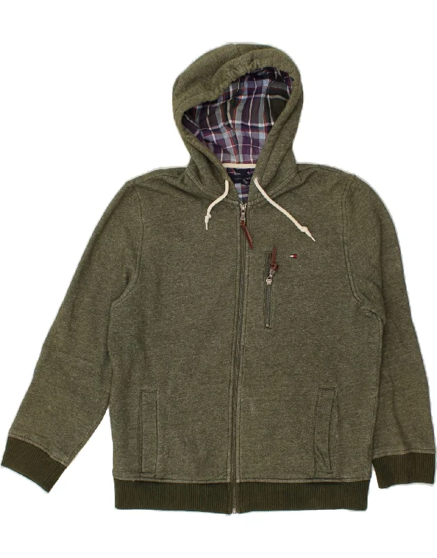 TOMMY HILFIGER Mens Zip Hoodie Sweater Medium Green Cotton Terry Blend Velvet Blend Canvas Blend