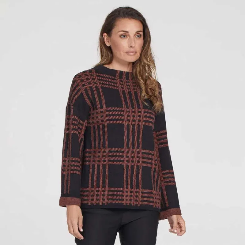 Tribal Women's Mock Neck Plaid Sweater Embroidered Appliqued Beaded
