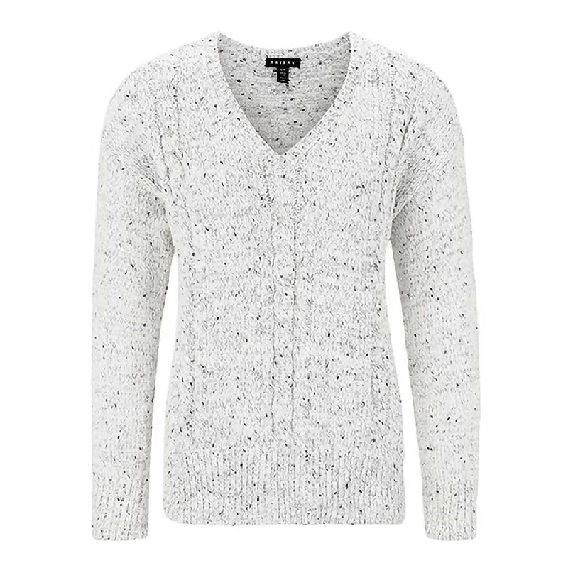 Tribal Women's V-Neck Cable Knit Sweater Glossy Satin Silk
