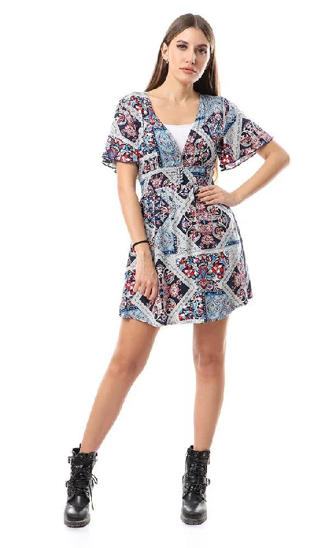 56521 Elastic Waist Deep & Wide V-Neck Short Dress - Multicolour Tunics Floral girly 56521 Elastic Waist Deep & Wide V-Neck Short Dress - Multicolour Tunics Floral girly