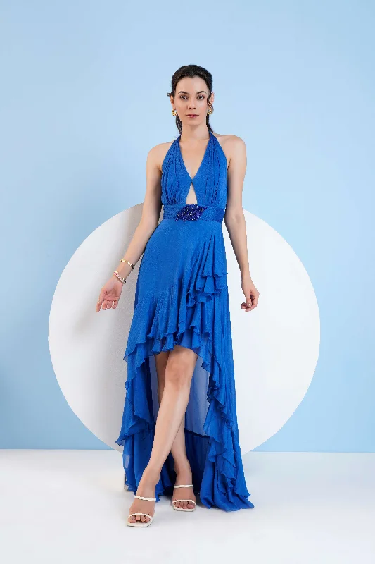 BlUE HALTER NECK  DRESS WITH EMBROIDERY AT WAIST Tunics Stylish elegant