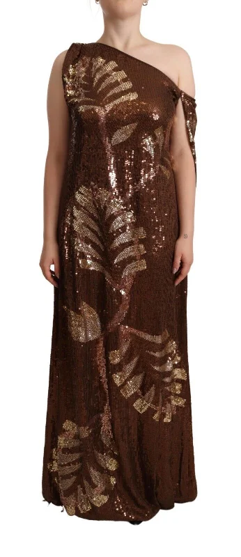 Brown Leaf Sequined Shift One Shoulder Long Dress Tunics Summer linen