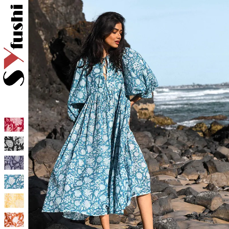 Casual Cotton Half Sleeves Long Dresses Tunics Luxurious high-end