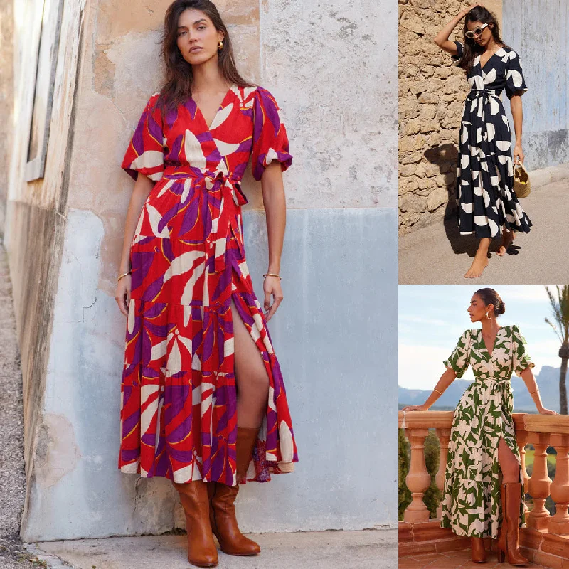 Casual V Neck Summer Short Sleeves Long Dresses Tunics Luxurious premium
