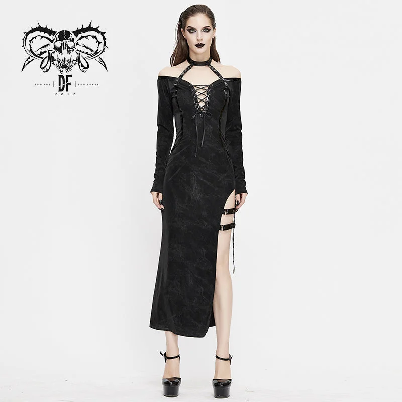 SKT112 club punk side high fork sexy ladies slim fit long dress with chocker Tunics Distressed trendy