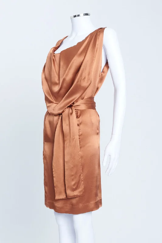 Copper Silk Knee Length Cowl Neck Dress With Tie Waist Tunics Handmade artisanal