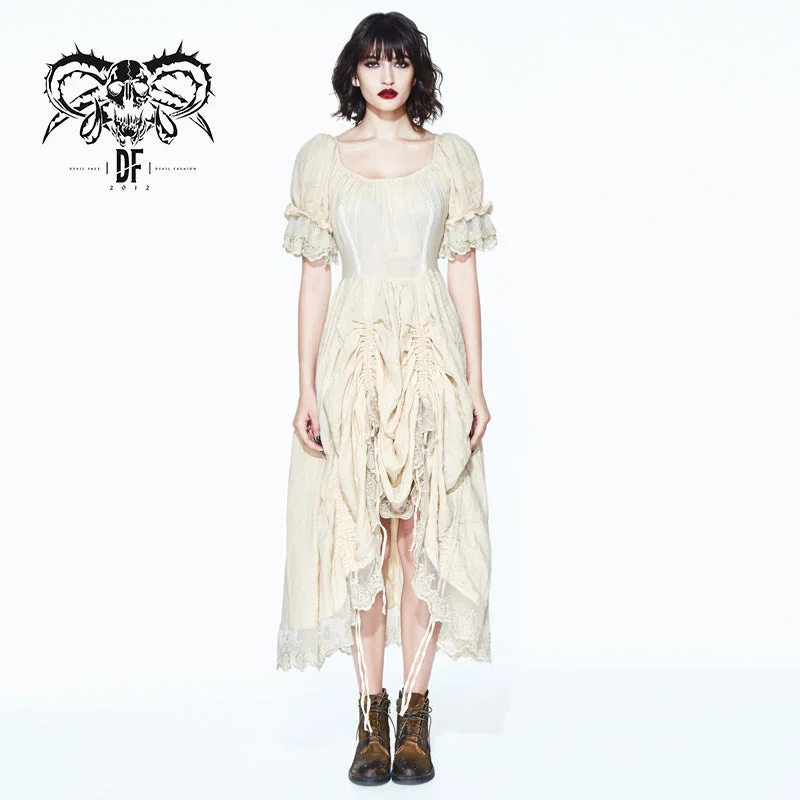 SKT077 creamy white steampunk Victoria vintage drawstring embroidered lace women long dress Tunics Practical easy-care
