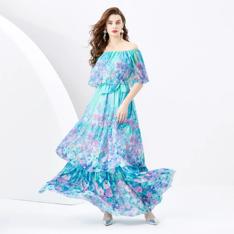 Designed Off The Shoulder Summer Holiday Long Dresses Crew Neckline Casual