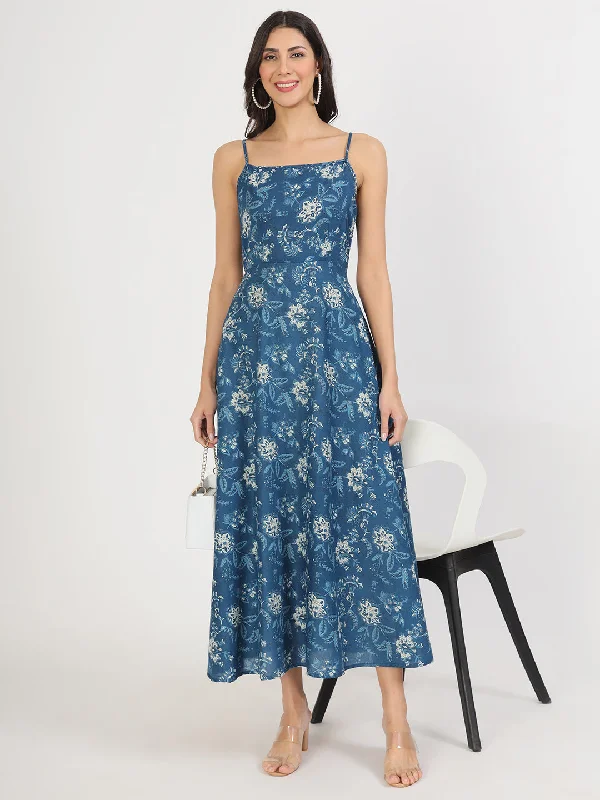 Indigo Blue Cotton Long Dress for Women Tunics Fashionable chic