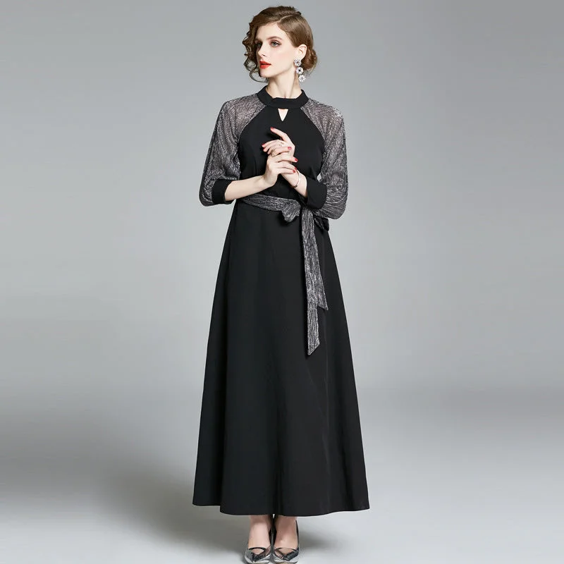 Elegant Office Lady Black Long Dresses Square Neckline Feminine