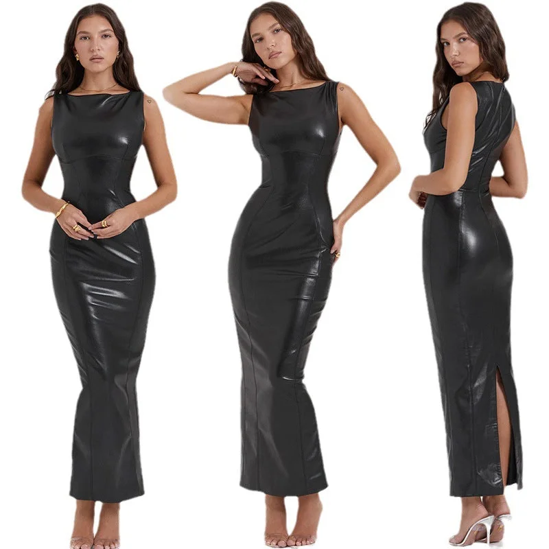 European and American Style Women’s Autumn PU Leather Dress - Split Long Dress Tunics Sophisticated sleek European and American Style Women’s Autumn PU Leather Dress - Split Long Dress Tunics Sophisticated sleek