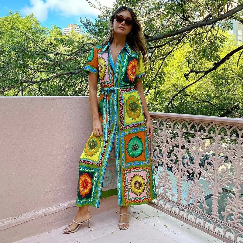 Fashion Printed Lace Up Long Dresses Tunics Luxurious high-end