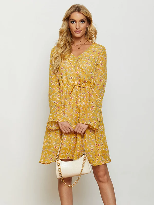 Floral Drawstring Waist V-Neck Dress Off-the-shoulder Chic Trendy