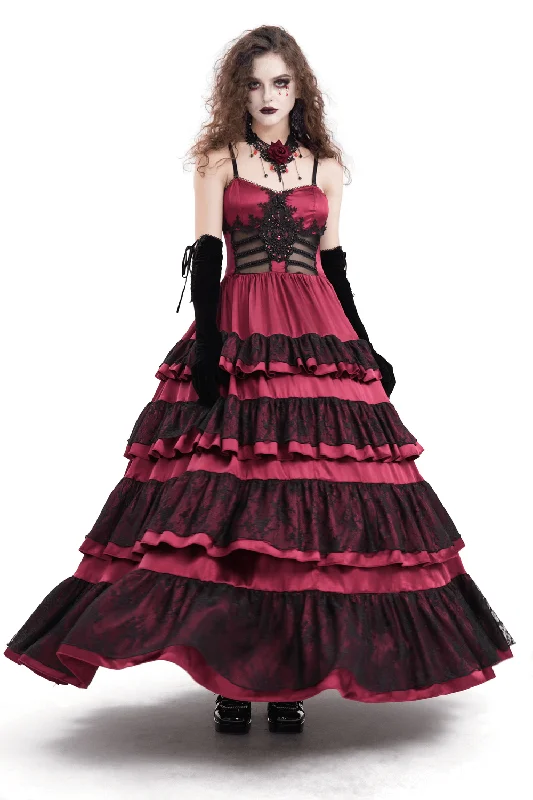Gothic Layered Lace and Satin Long Dress with Corset Back sweetheart Neckline Romantic Gothic Layered Lace and Satin Long Dress with Corset Back sweetheart Neckline Romantic