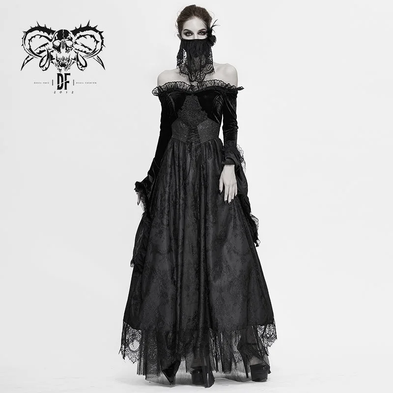 SKT120 Gothic off shoulder lace pleated sexy women formal long dress with fur collar Tunics Corduroy durable
