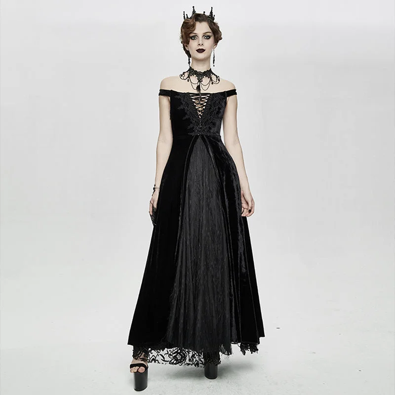 ESKT027 Gothic party Queen velvet flat shouders lace up deep V chest slim sexy long dress Cowl Neckline Elegant