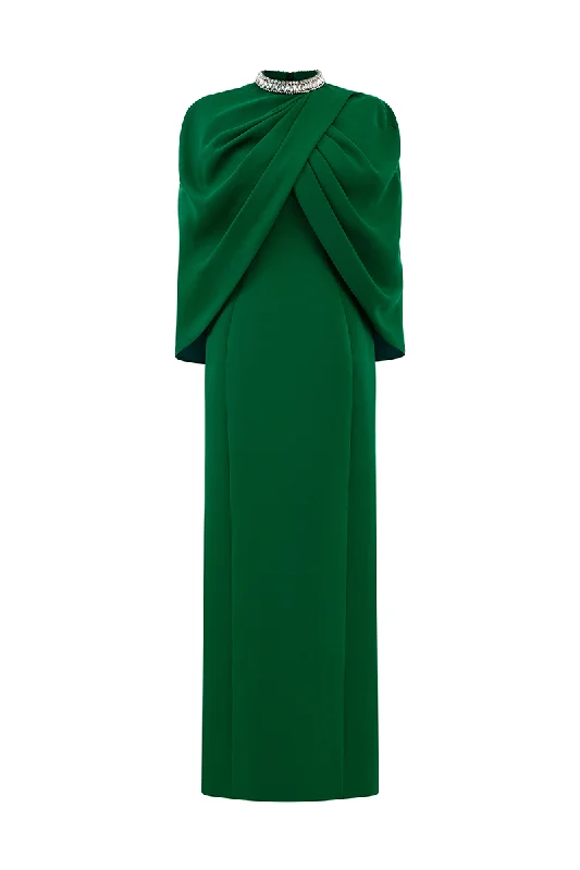 GREEN COLLAR STONE EMBELLISHED CAPE WITH GOWN SET Turtleneck Warm Winter