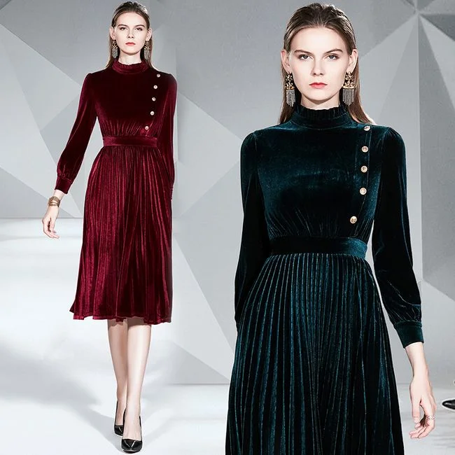 Long dress mid-length velvet New style Plain pleated women dress Tunics Velvet soft