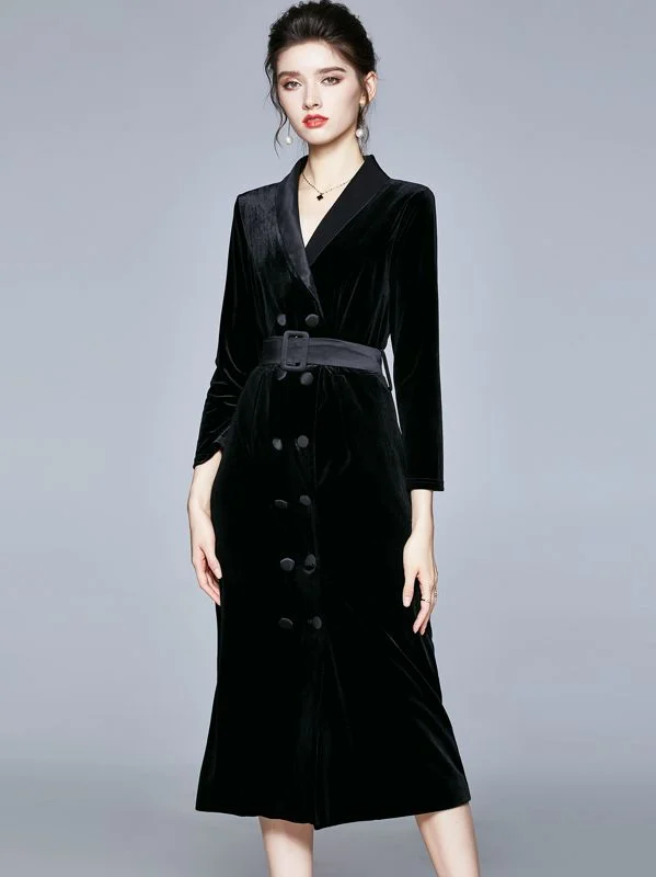 Long dress Temperament Fashion Velvet  with Belt Boatneck Modish Everyday