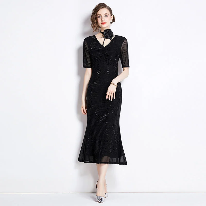 Luxury Designed Diamond 3d Flowers Black Long Dresses Boat Neckline Classic