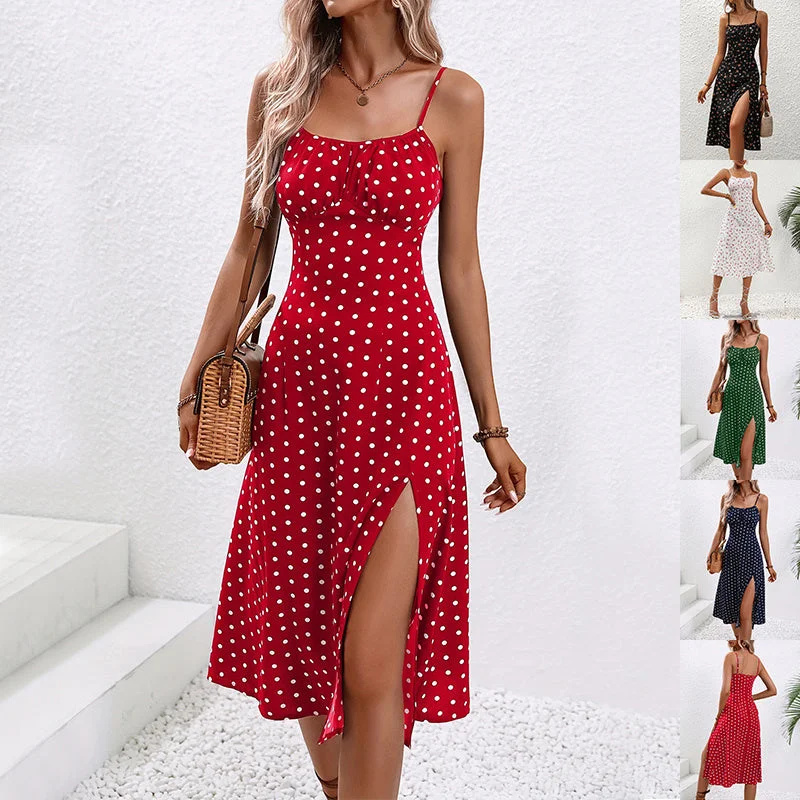 New Polka Dot Print Suspender Dress Summer Sexy Slit Long Dresses For Womens Clothing Crew Neckline Sporty