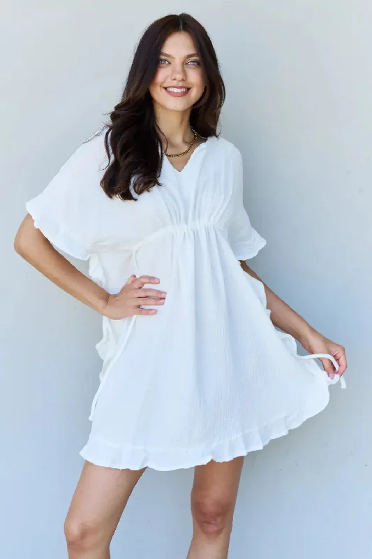 Ninexis Out Of Time Full Size Ruffle Hem Dress with Drawstring Waistband in White Tunics Practical easy-care