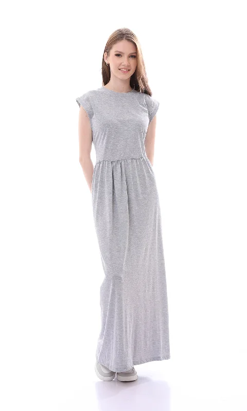O167567 Cotton Heather Grey Cap Sleeves Dress With Elastic Waist Tunics Trendy modern O167567 Cotton Heather Grey Cap Sleeves Dress With Elastic Waist Tunics Trendy modern