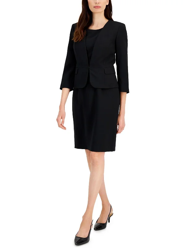 Petites Womens Crepe Crop Open-Front Blazer Women's Denim Suit